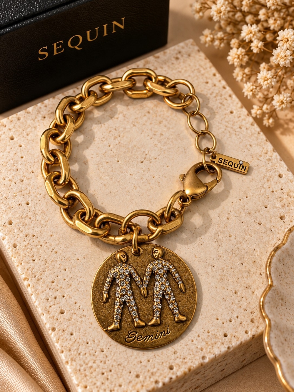 Sequin Gold Gemini Charm Link Bracelet